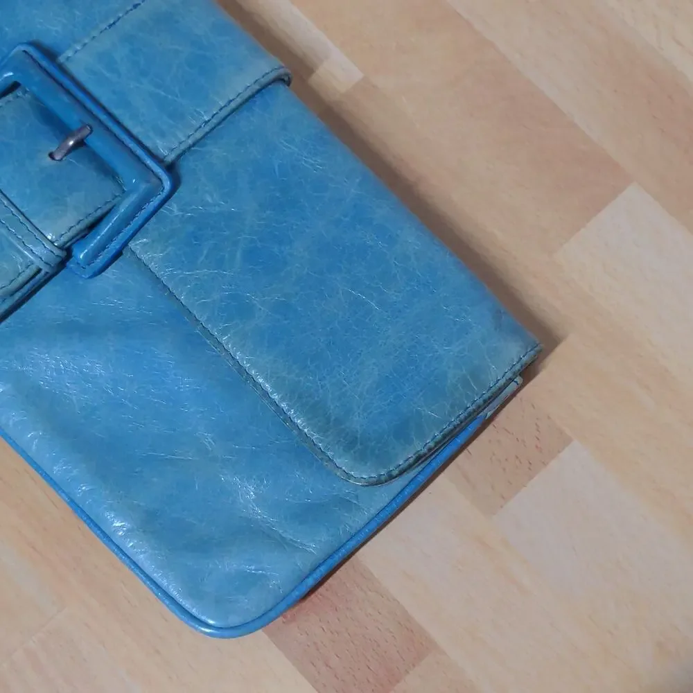 HOBO International Distressed Turquoise Buckle Leather Clutch Wristlet Handbag